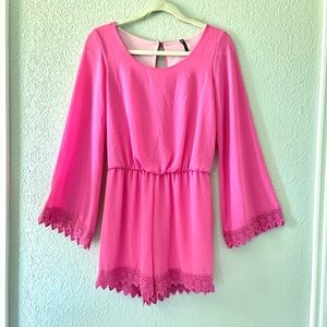 Love Culture Pink Romper Crochet Flare Sleeve Size Small